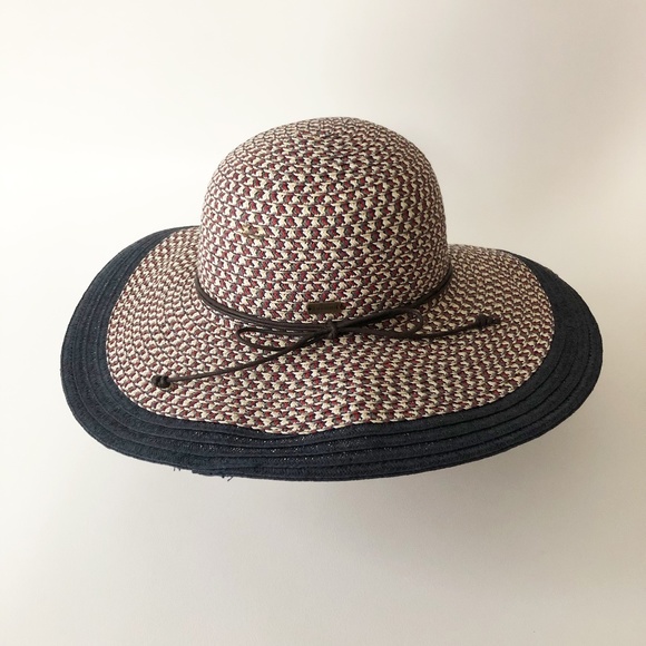 Betmar Wide Brim Floppy Beach Sun Hat Red Green White Cross Hatch Black Border - Picture 2 of 11